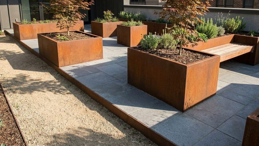 jardineras de acero corten en jardín moderno