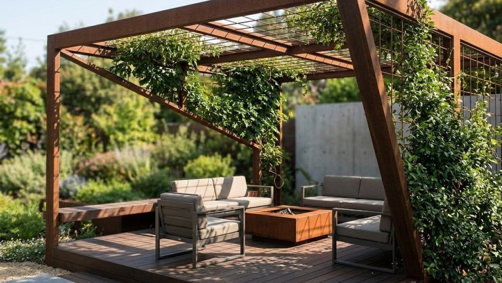 pérgola de acero corten en jardín moderno
