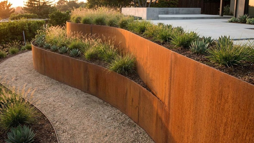 jardineras de acero corten en jardín moderno