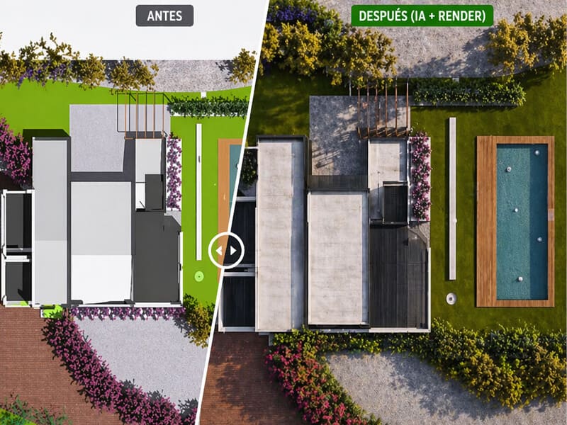 Comparativa de un render de jardín antes y después de la postproducción con inteligencia artificial