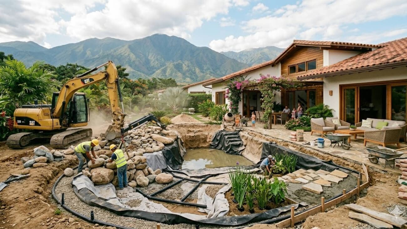 Proceso constructivo de piscina natural con materiales filtrantes, resolución de bordes y criterios técnicos de integración paisajística aplicados en obra