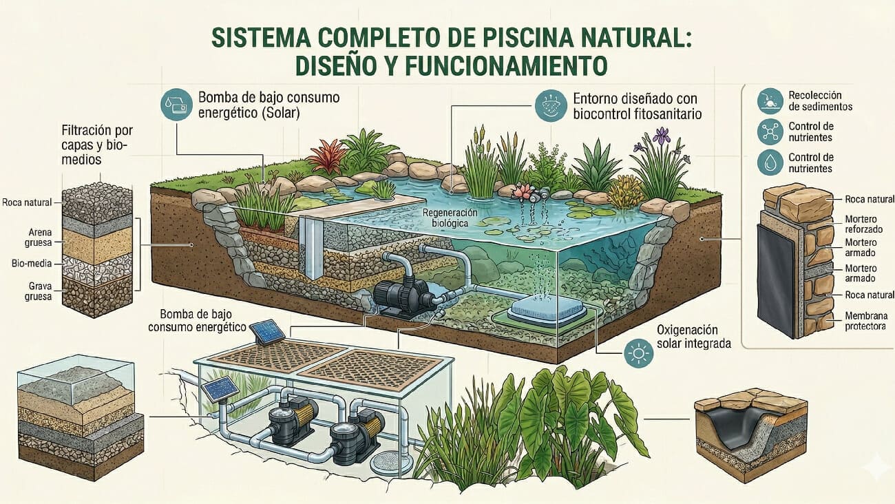 Esquema técnico de piscina natural con diferenciación entre zona de baño y zona de regeneración vegetal, útil para el aprendizaje de la lógica funcional del sistema