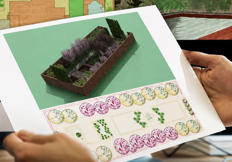 render fotorealista y plano técnico de jardín realizado en AutoCAD