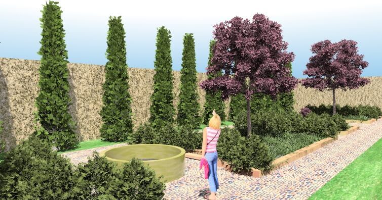 Perspectiva de jardín realizada con AccuRender antes de la postproducción con inteligencia artificial